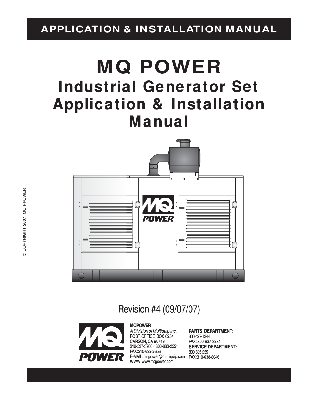 Multiquip MQP40IZ installation manual Application & Installation Manual, Mq Power, Industrial Generator Set, Mqpower, Fax 