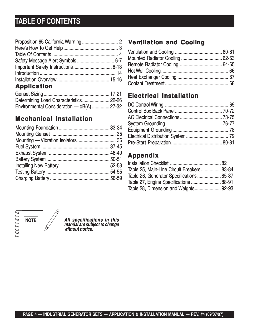 Multiquip MQP50IZ Table Of Contents, Application, Mechanical Installation, Ventilation and Cooling, Appendix, 8-13 