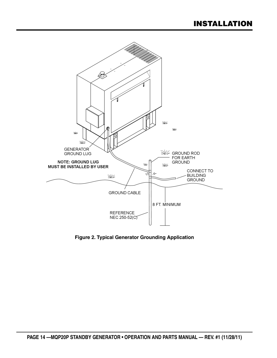 Multiquip MQP20P manual Installation, Typical Generator Grounding Application 