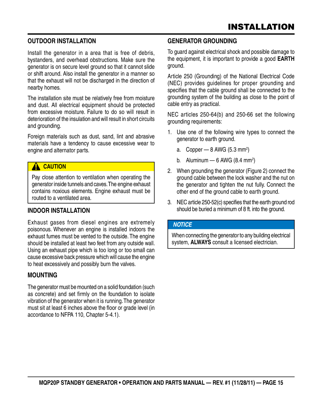 Multiquip MQP20P manual Outdoor Installation, Indoor Installation, Mounting, Generator Grounding 