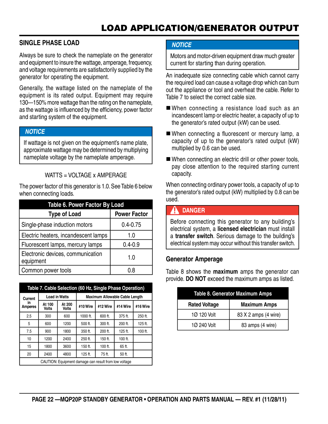 Multiquip MQP20P manual Load application/generator output, Single Phase Load, Generator Amperage 