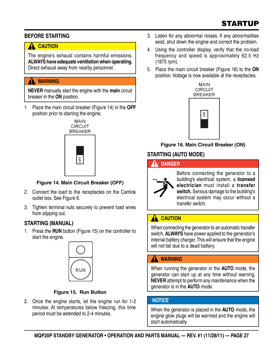 Multiquip MQP20P manual Startup, Before Starting, Starting Manual, Starting Auto Mode 