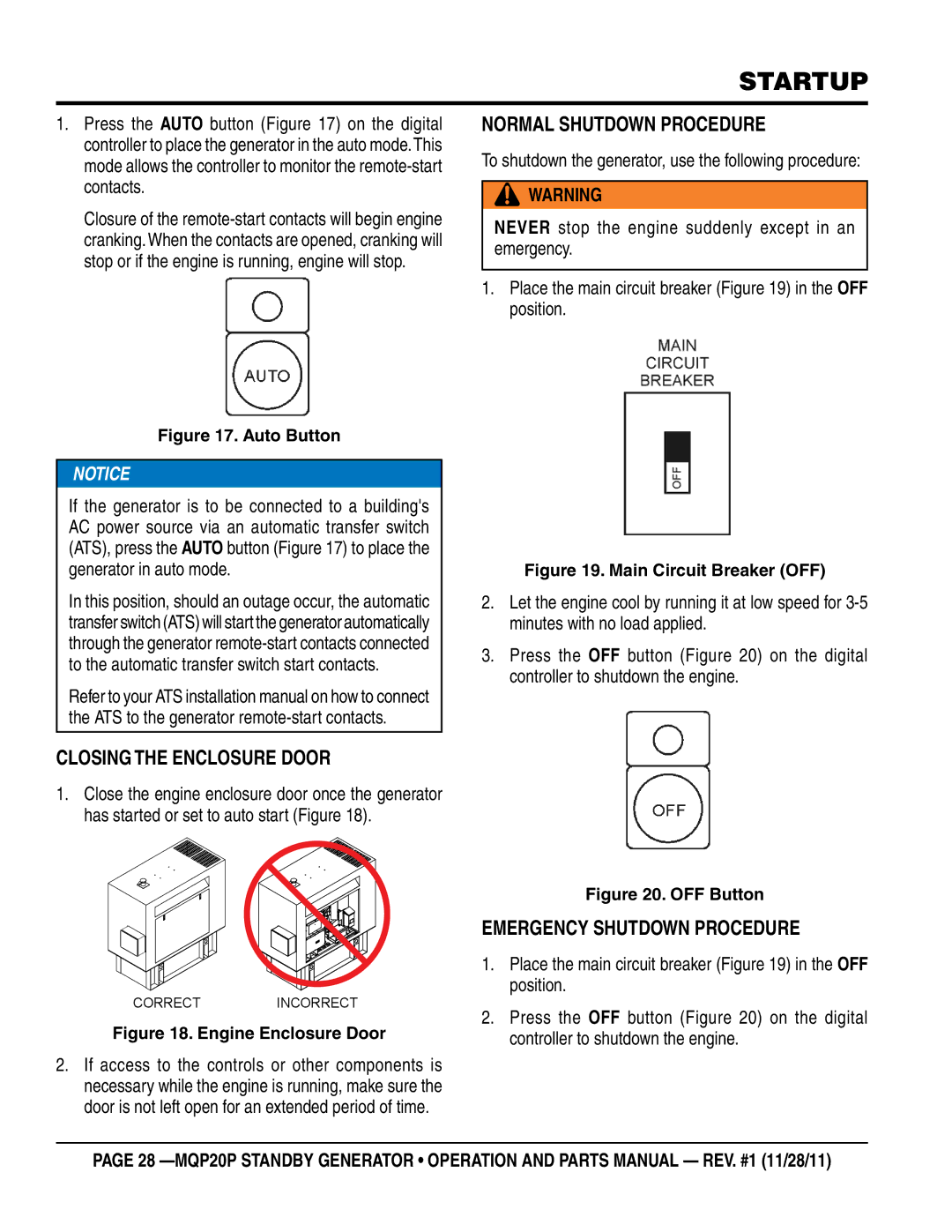 Multiquip MQP20P manual Normal Shutdown Procedure, Emergency Shutdown Procedure 