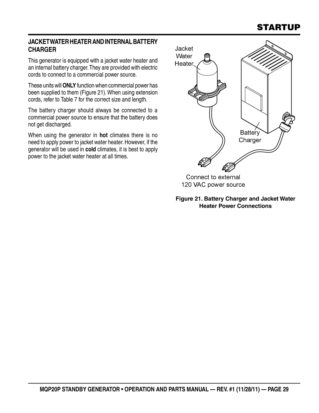 Multiquip MQP20P manual JacketWater Heater and Internal Battery Charger 