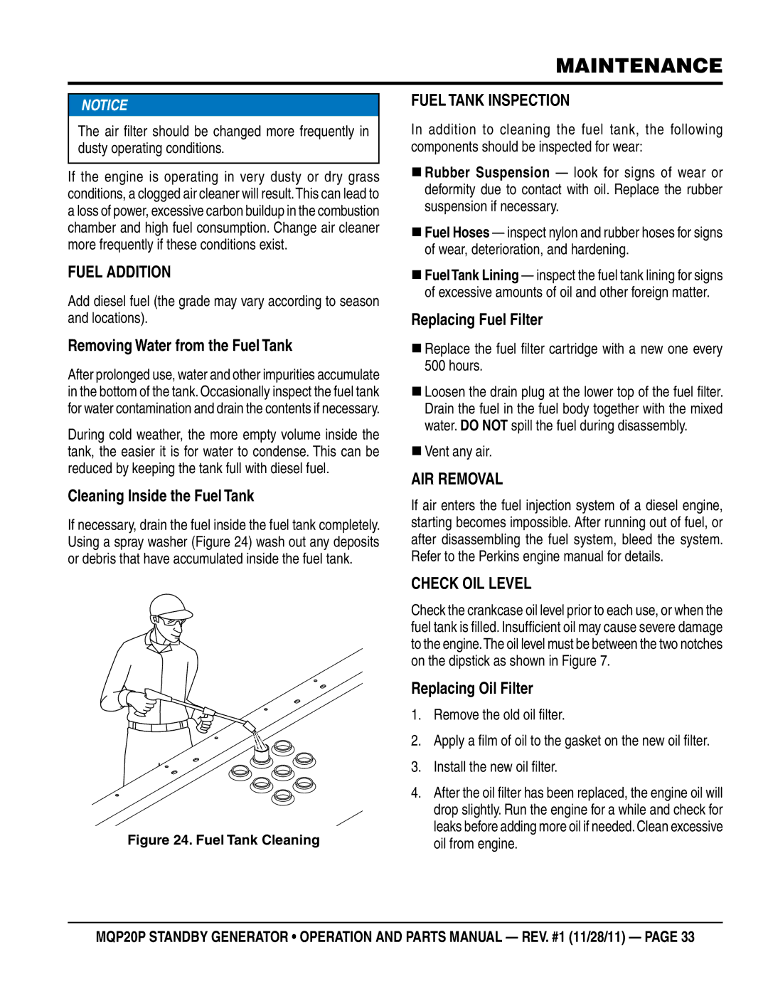 Multiquip MQP20P Fuel Addition, Removing Water from the Fuel Tank, Cleaning Inside the Fuel Tank, Fuel Tank Inspection 