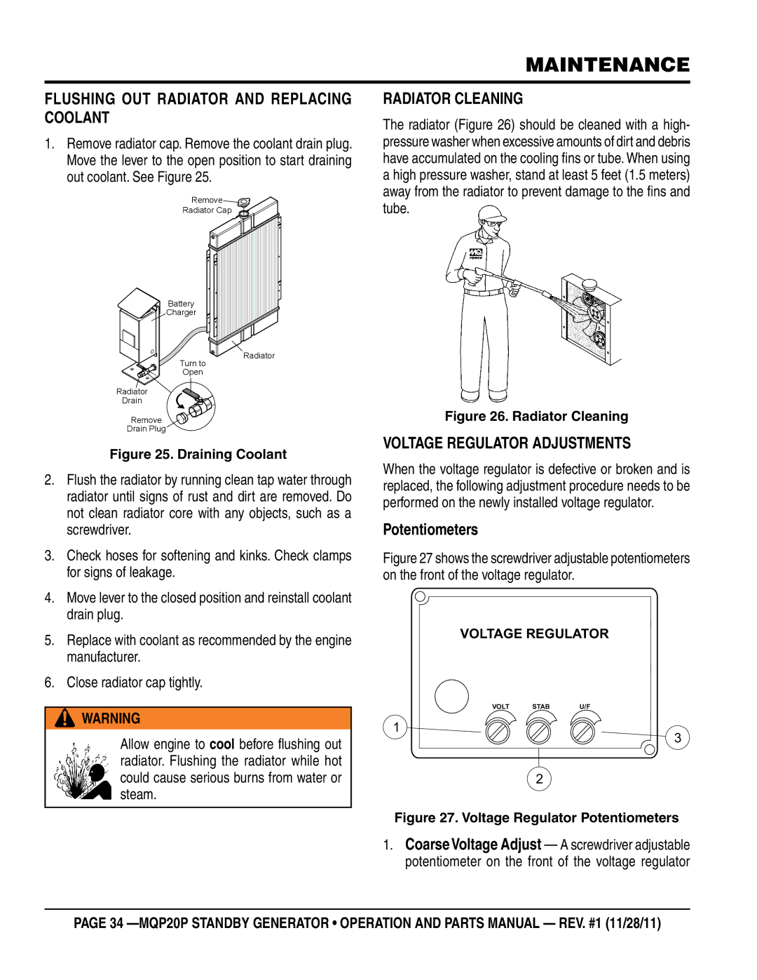 Multiquip MQP20P manual Flushing Out Radiator and Replacing Coolant, Radiator Cleaning, Voltage regulator adjustments 