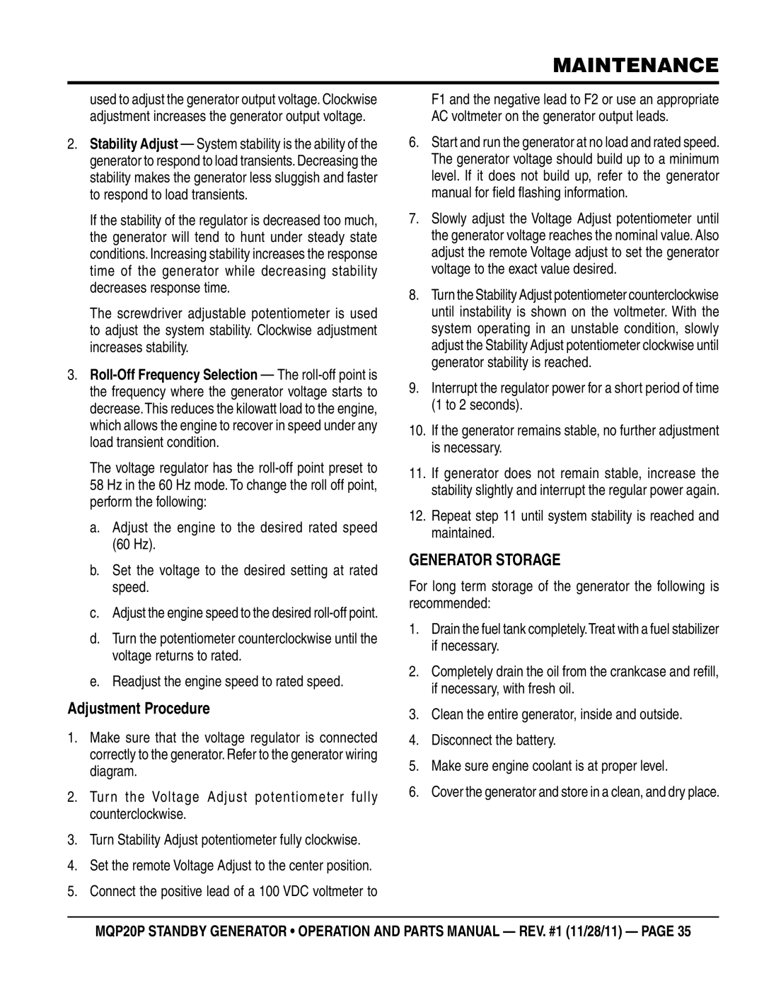 Multiquip MQP20P manual Generator Storage, Adjustment Procedure 