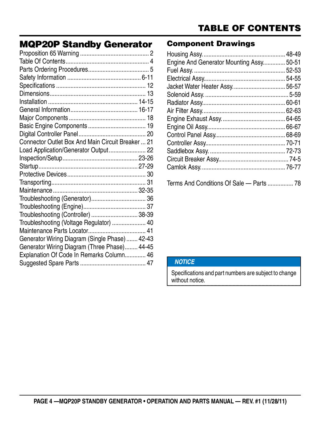 Multiquip manual MQP20P Standby Generator, Table of Contents 