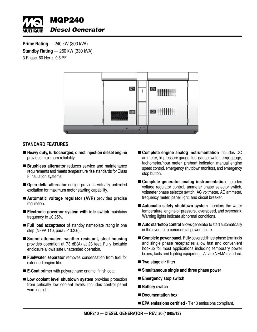 Multiquip manual  MQP240, Standard Features 