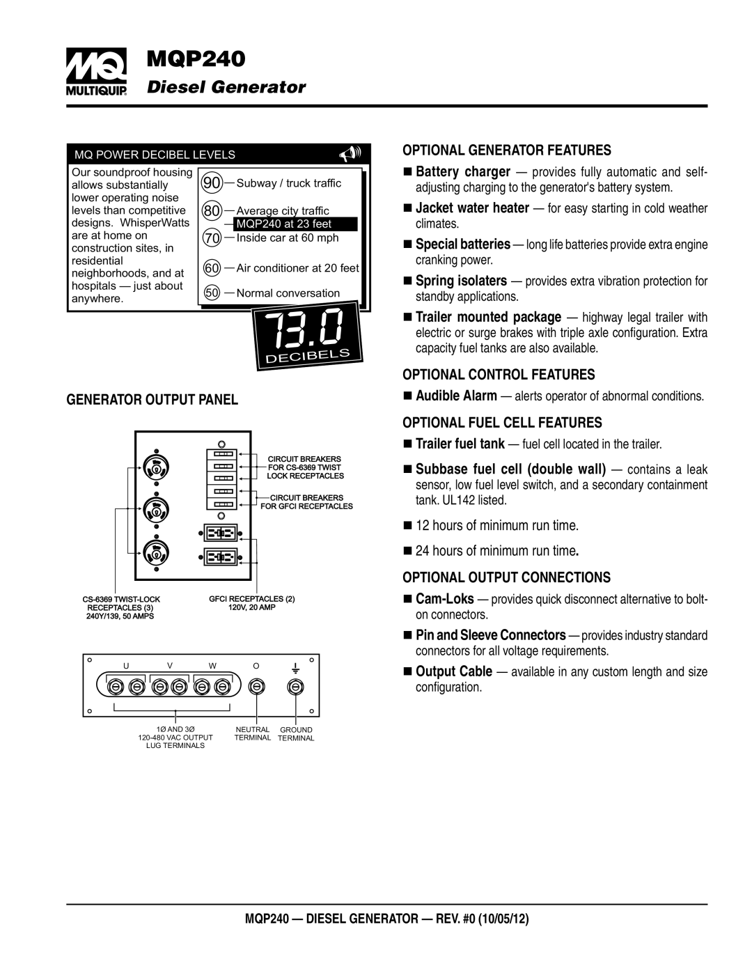 Multiquip MQP240 manual Optional Generator Features, Generator Output Panel, Optional control Features 