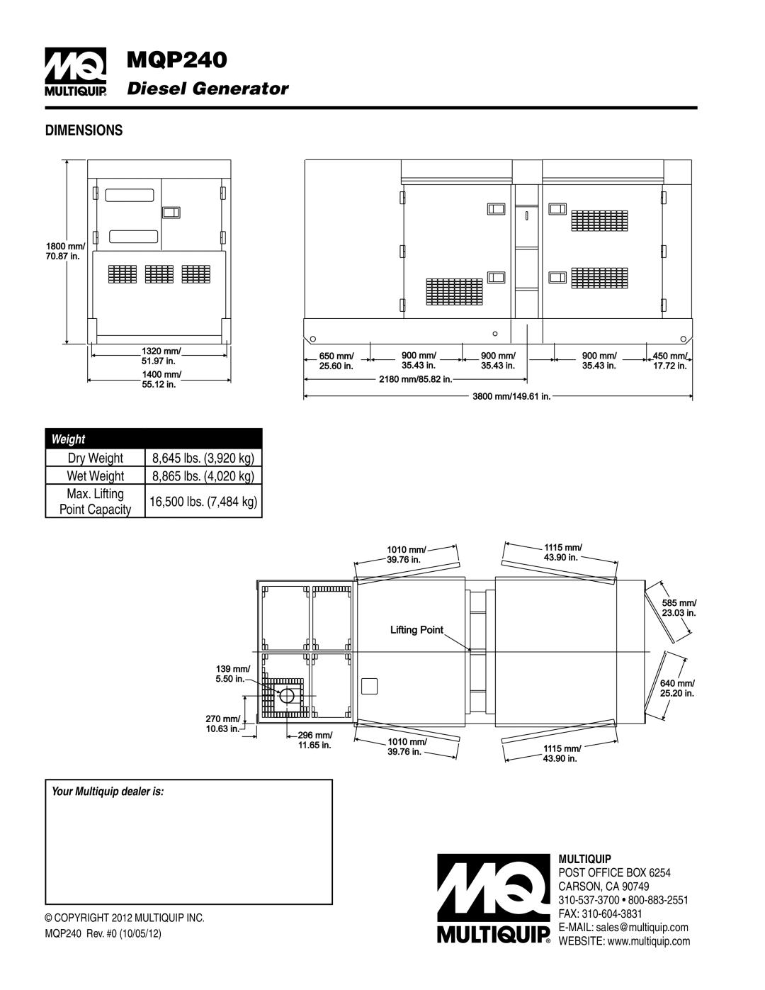 Multiquip MQP240 manual Dimensions, Dry Weight 