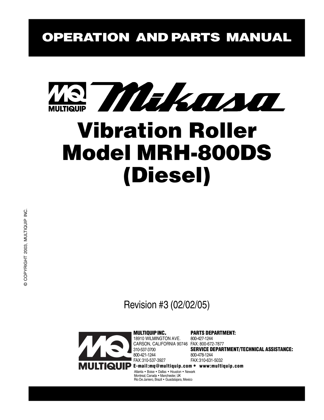 Multiquip manual Vibration Roller Model MRH-800DS Diesel 