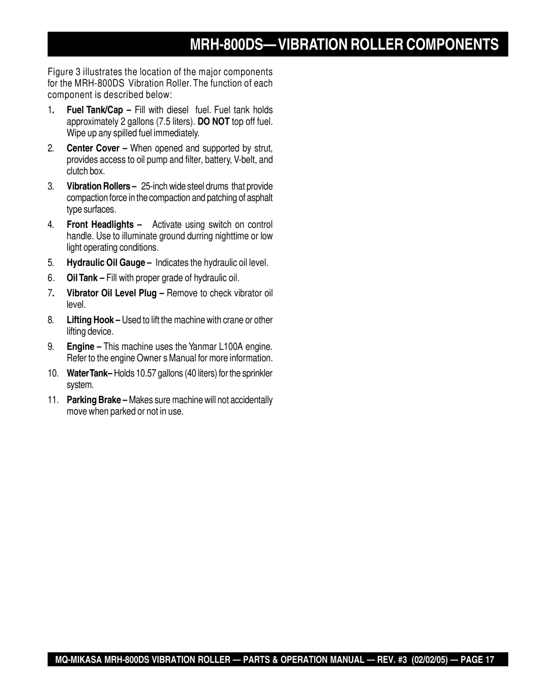 Multiquip manual MRH-800DS-VIBRATION Roller Components 