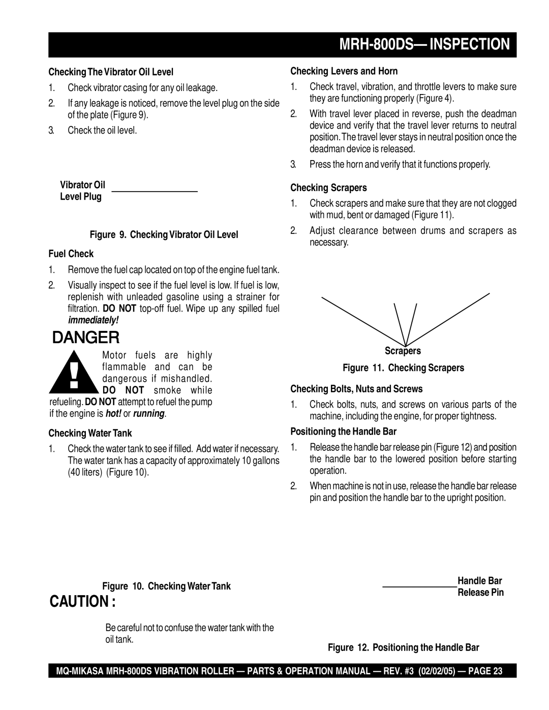 Multiquip MRH-800DS manual Checking The Vibrator Oil Level, Vibrator Oil Level Plug, Checking Water Tank, Checking Scrapers 
