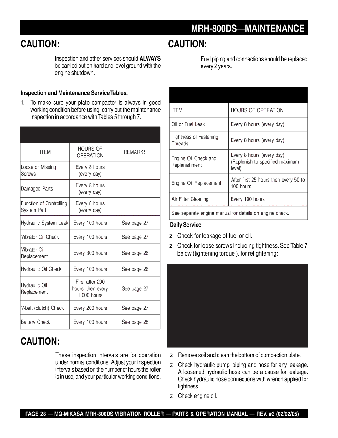 Multiquip manual MRH-800DS-MAINTENANCE, Inspection and Maintenance Service Tables, Daily Service 