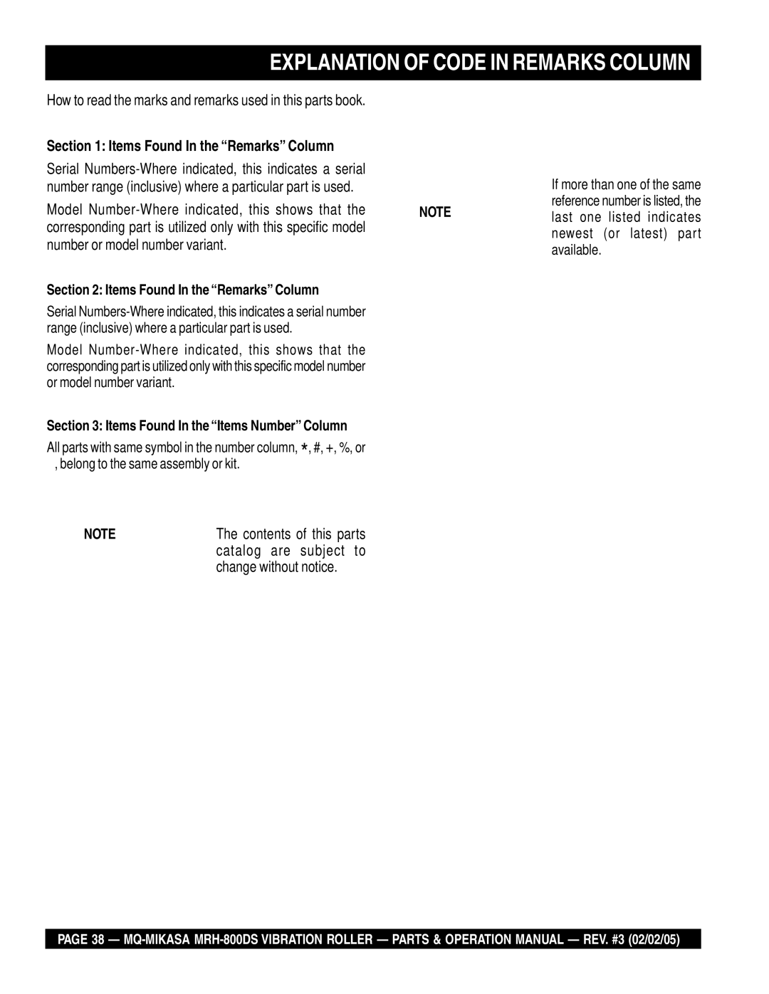 Multiquip MRH-800DS manual Explanation of Code in Remarks Column, Items Found In the Remarks Column 