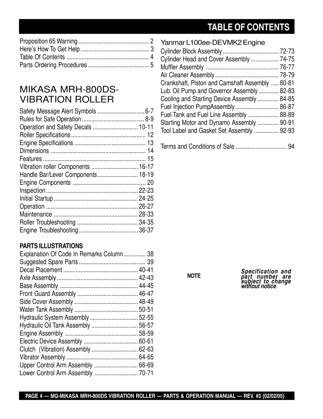 Multiquip MRH-800DS manual Table of Contents 