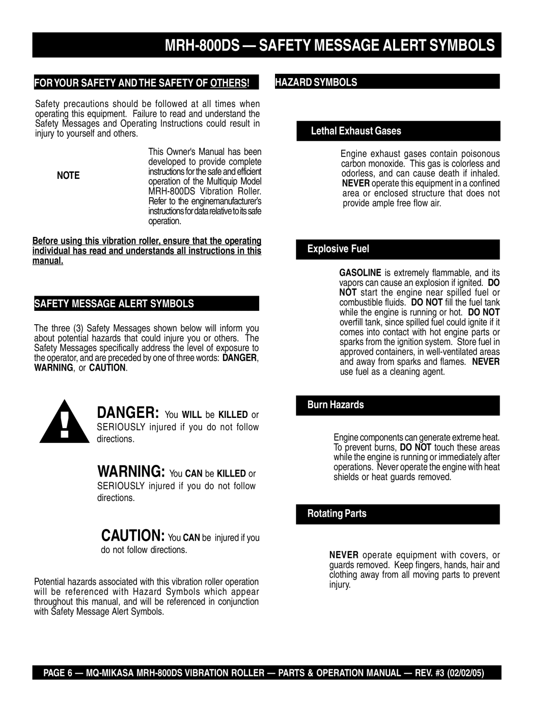 Multiquip manual MRH-800DS Safety Message Alert Symbols, Hazard Symbols 