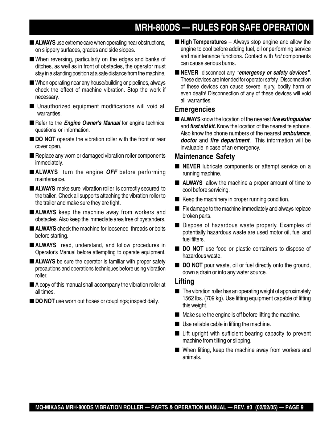 Multiquip manual MRH-800DS Rules for Safe Operation, Emergencies 