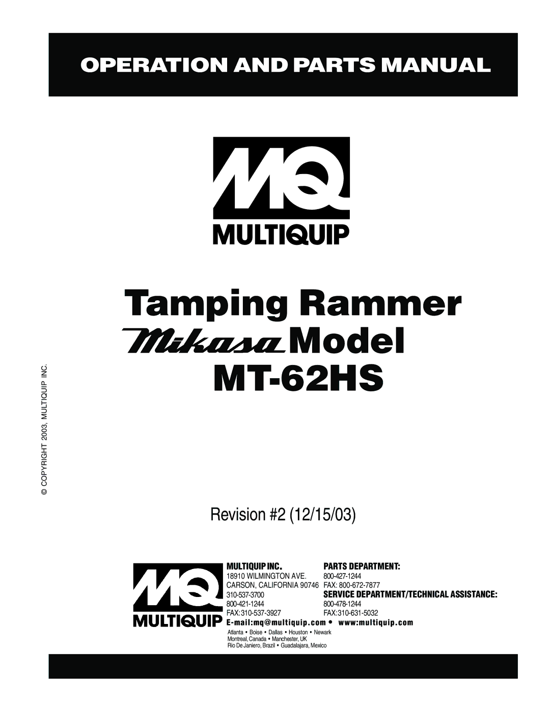 Multiquip MT-62HS operation manual 