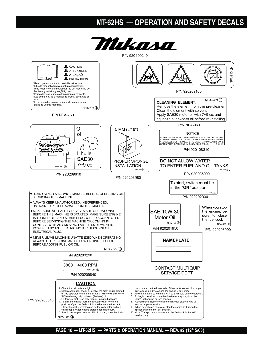 Multiquip operation manual MT-62HS Operation and Safety Decals 