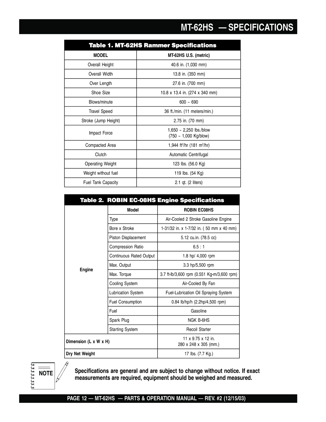 Multiquip operation manual MT-62HS Specifications 