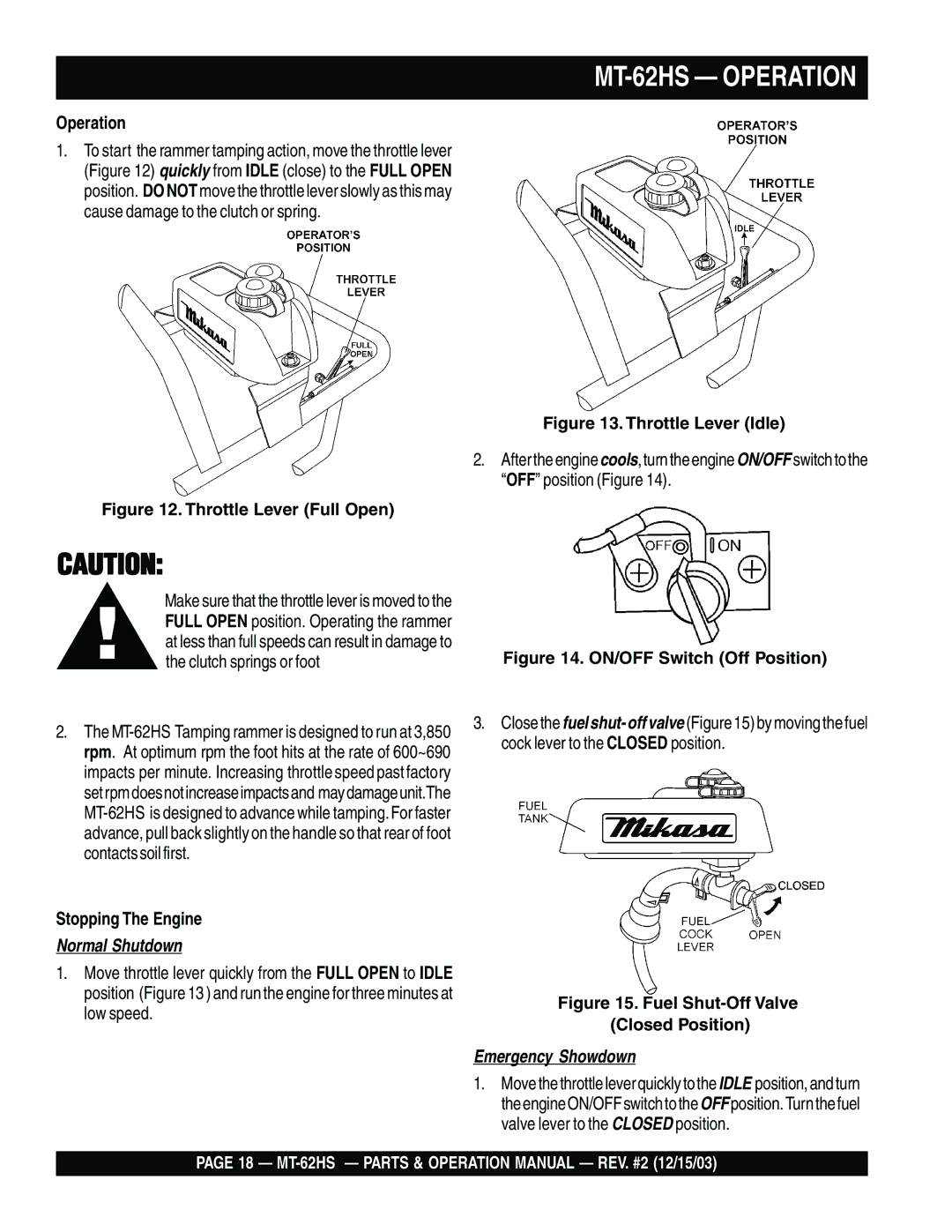 Multiquip operation manual MT-62HS Operation, Stopping The Engine 