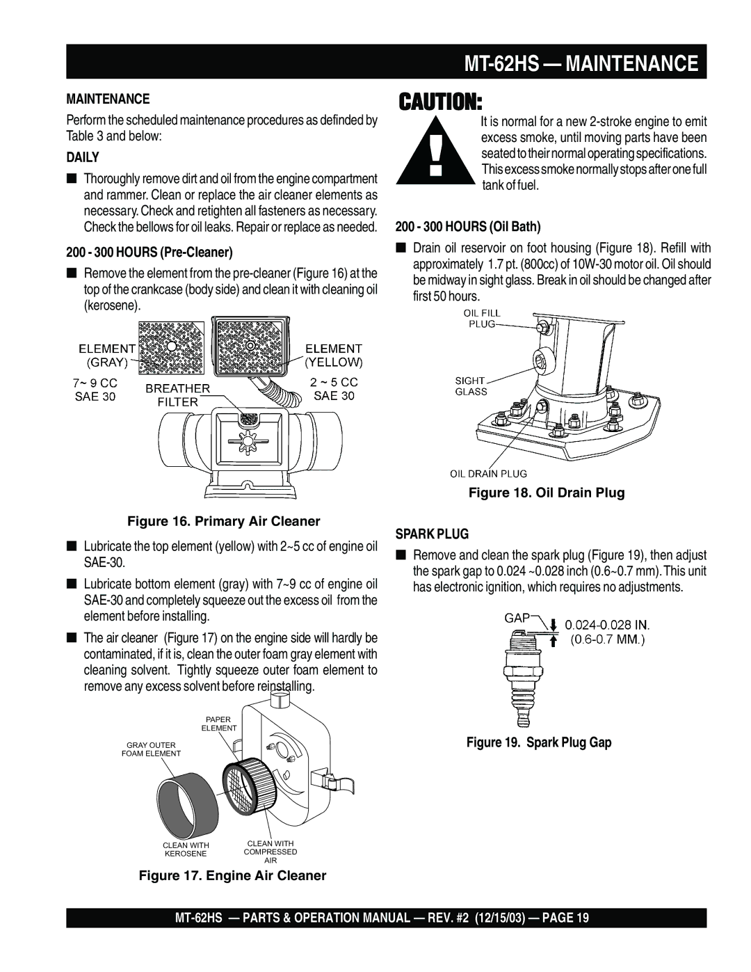 Multiquip MT-62HS operation manual 200 300 Hours Pre-Cleaner, 200 300 Hours Oil Bath 