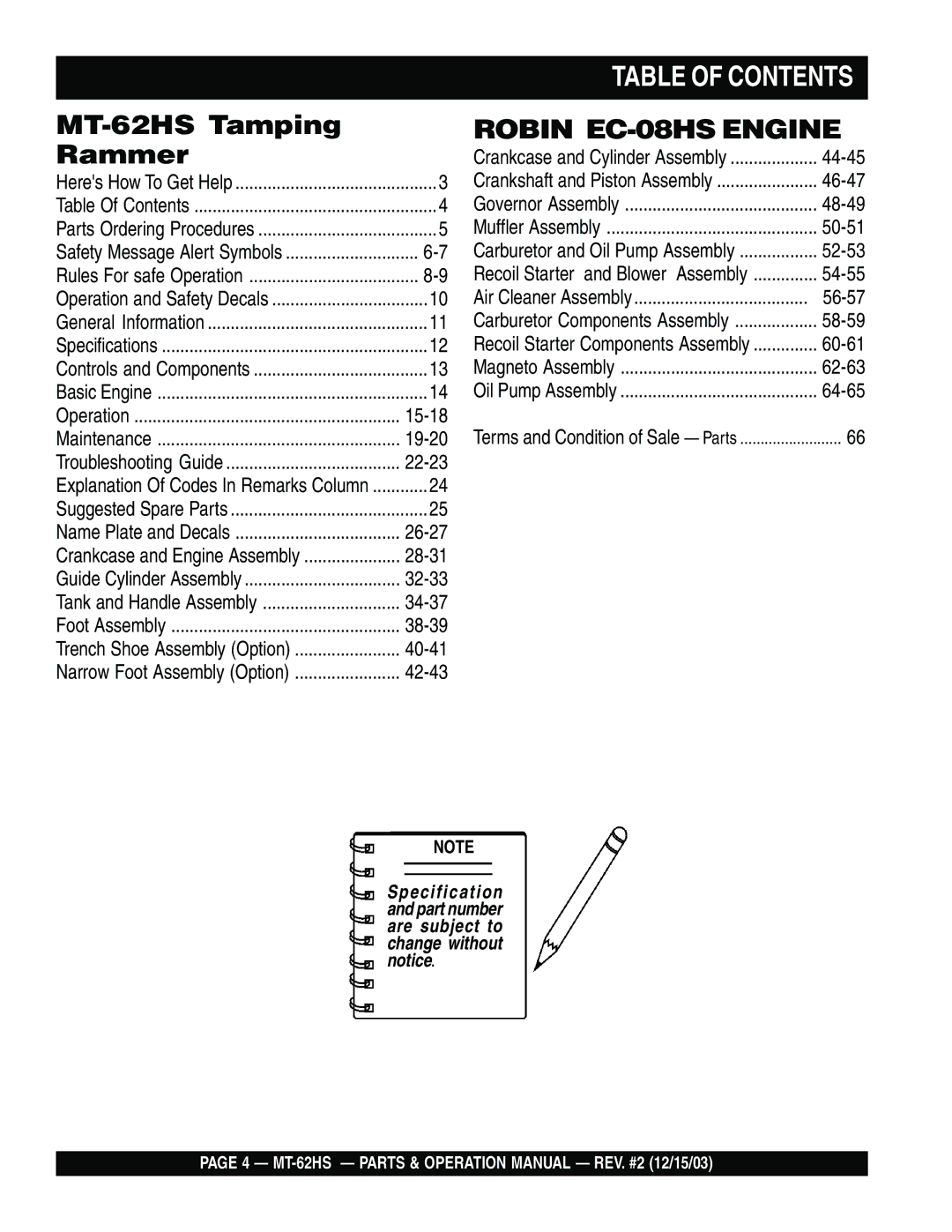 Multiquip MT-62HS operation manual Table of Contents 