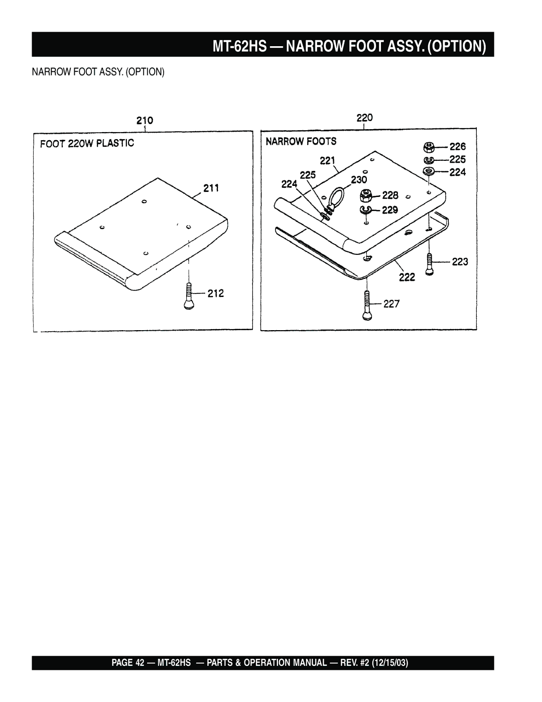 Multiquip operation manual MT-62HS Narrow Foot ASSY. Option 