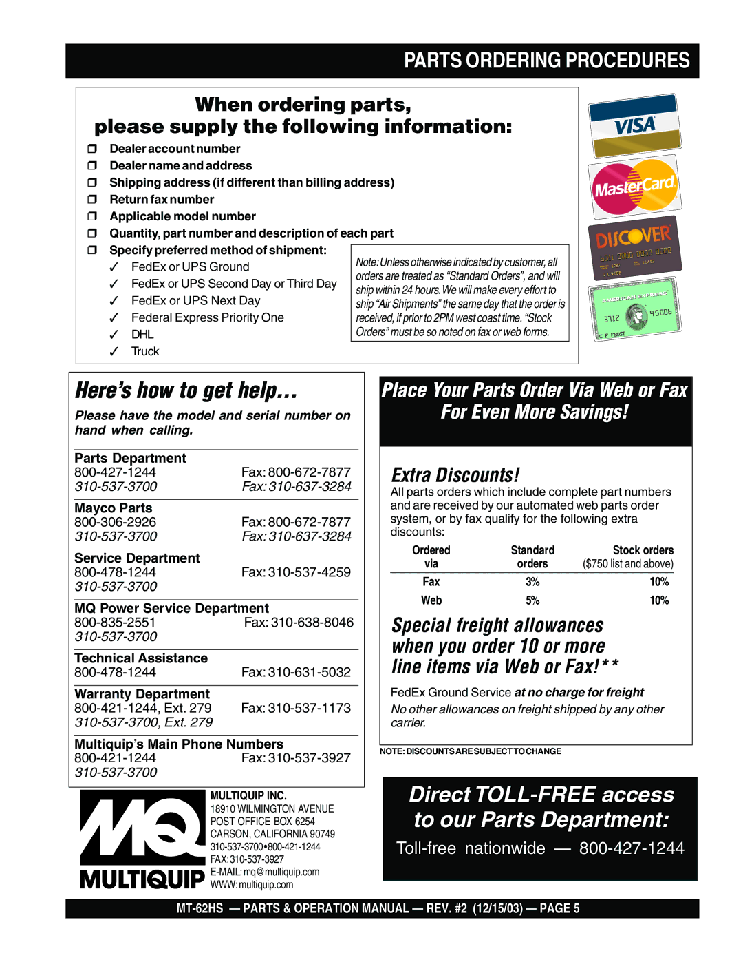 Multiquip MT-62HS operation manual Parts Ordering Procedures 