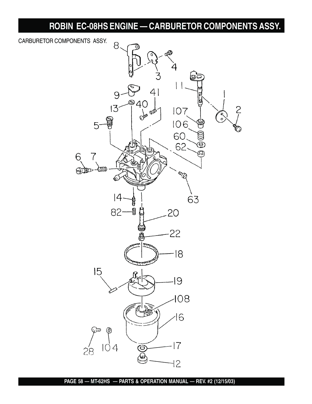 Multiquip MT-62HS operation manual Robin EC-08HS Engine Carburetor Components Assy 