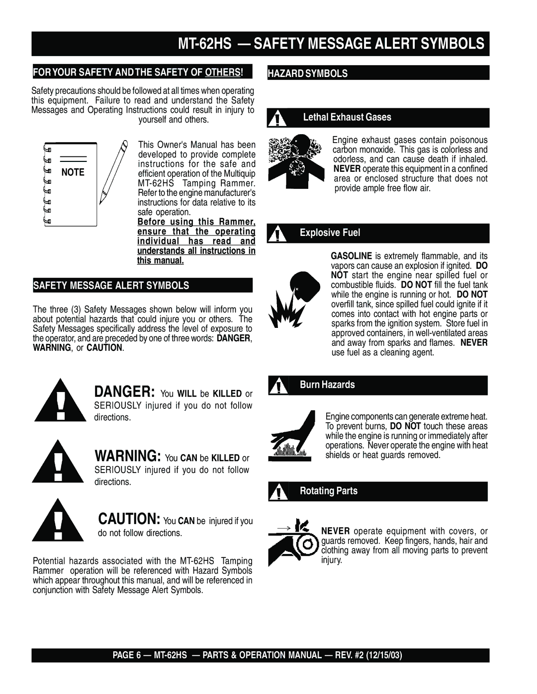 Multiquip operation manual MT-62HS Safety Message Alert Symbols 