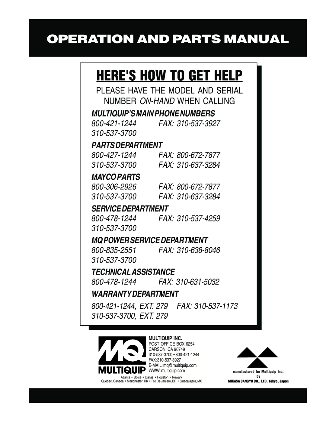 Multiquip MT-62HS operation manual Technicalassistance 