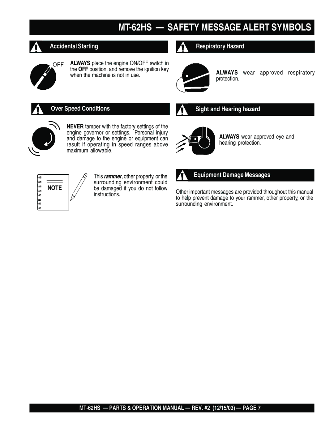 Multiquip MT-62HS operation manual Respiratory Hazard 