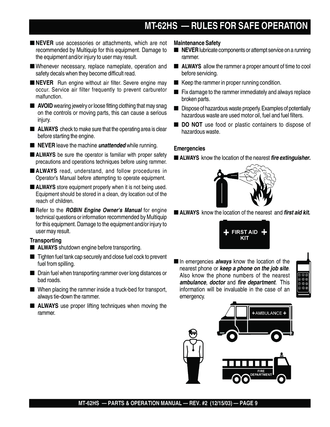 Multiquip MT-62HS operation manual Transporting, Maintenance Safety, Emergencies 