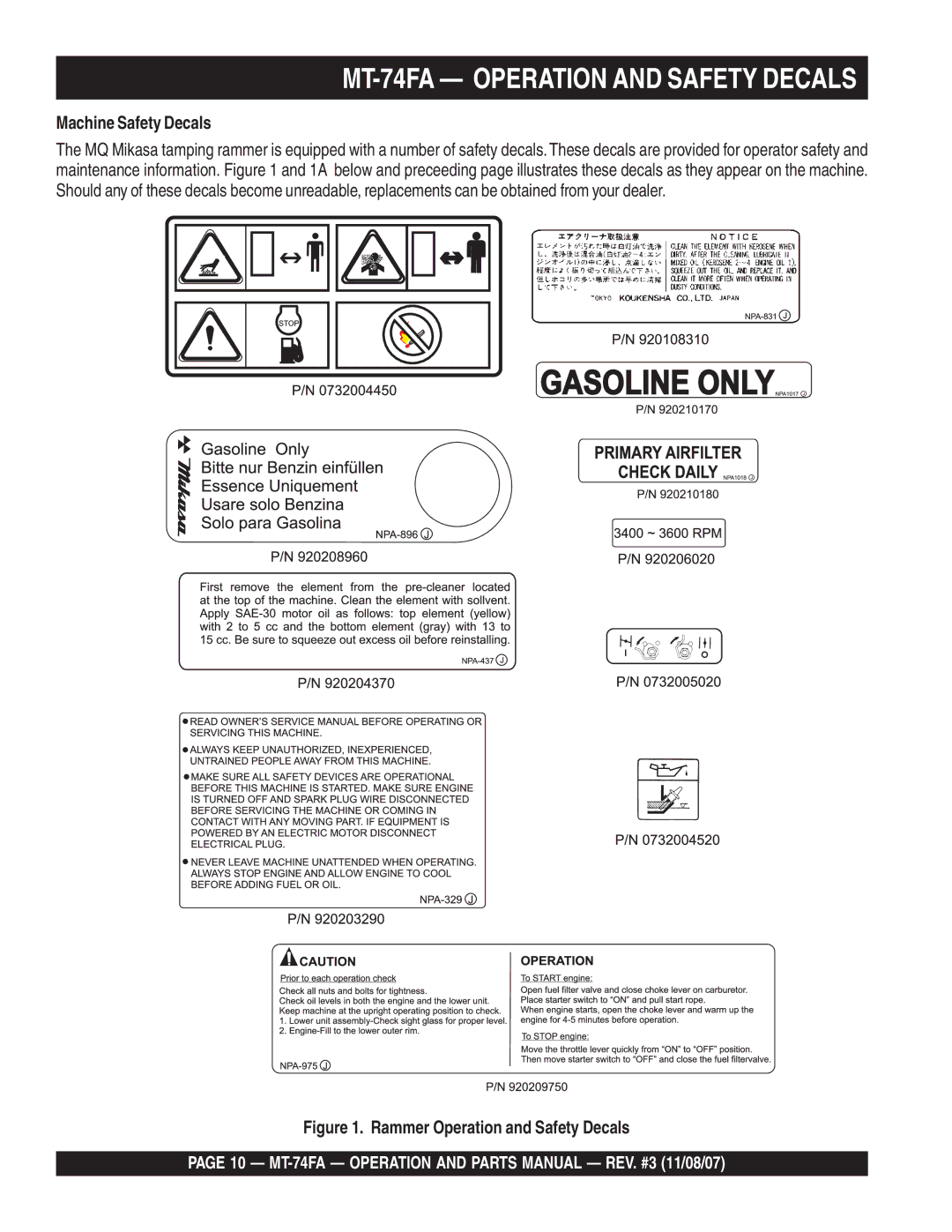 Multiquip manual MT-74FA Operation and Safety Decals, Machine Safety Decals 