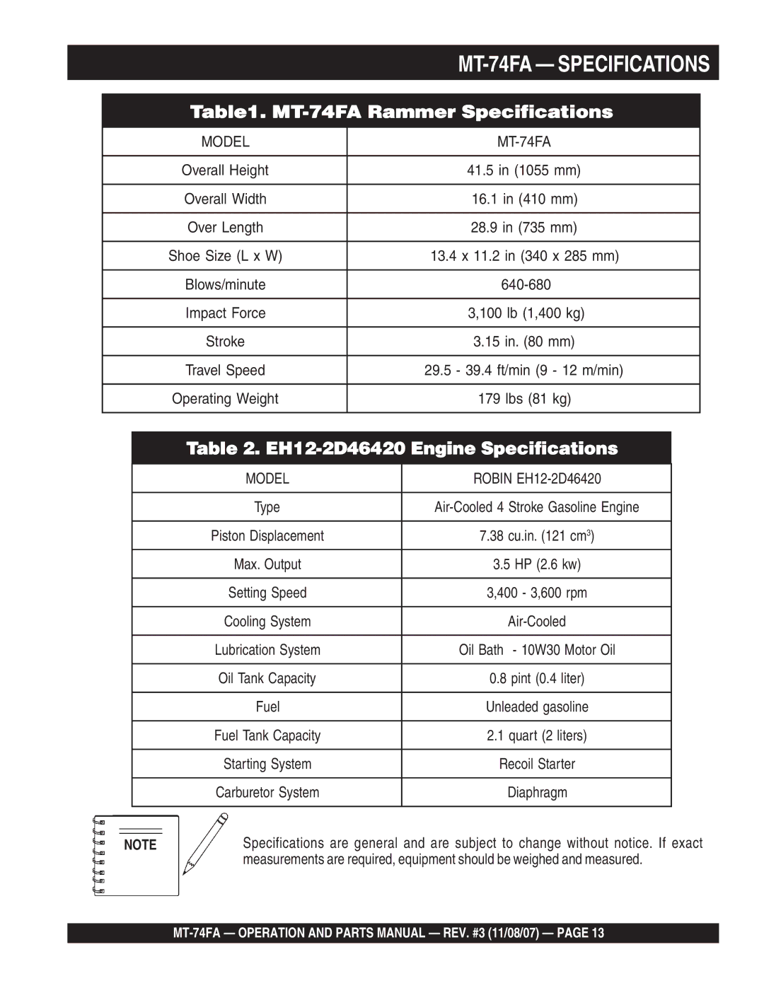 Multiquip manual MT-74FA Specifications 