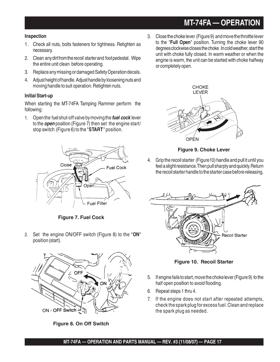 Multiquip MT-74FA manual Inspection, Initial Start-up 