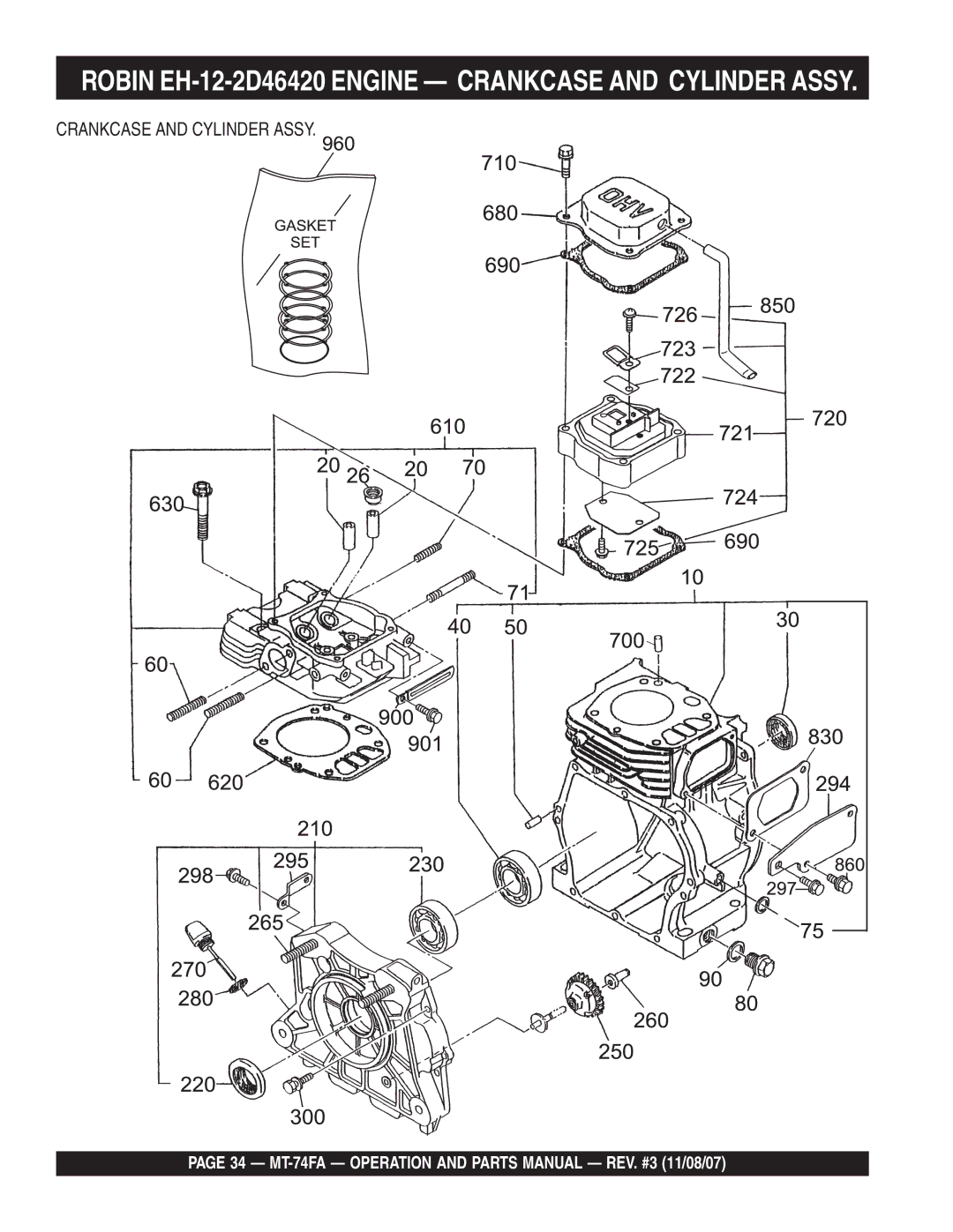 Multiquip MT-74FA manual Robin EH-12-2D46420 Engine Crankcase and Cylinder Assy 