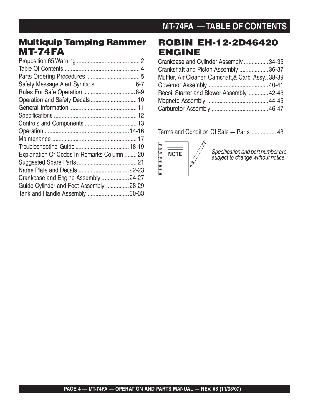 Multiquip manual MT-74FA -TABLE of Contents 