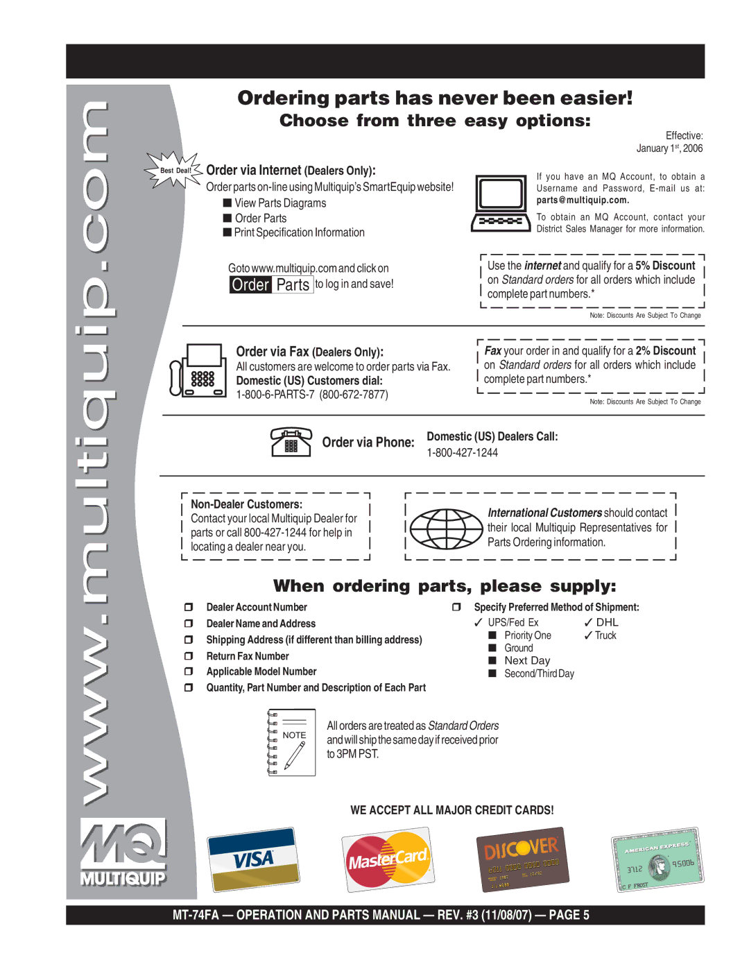 Multiquip MT-74FA manual Best Deal! Order via Internet Dealers Only, Order via Fax Dealers Only 