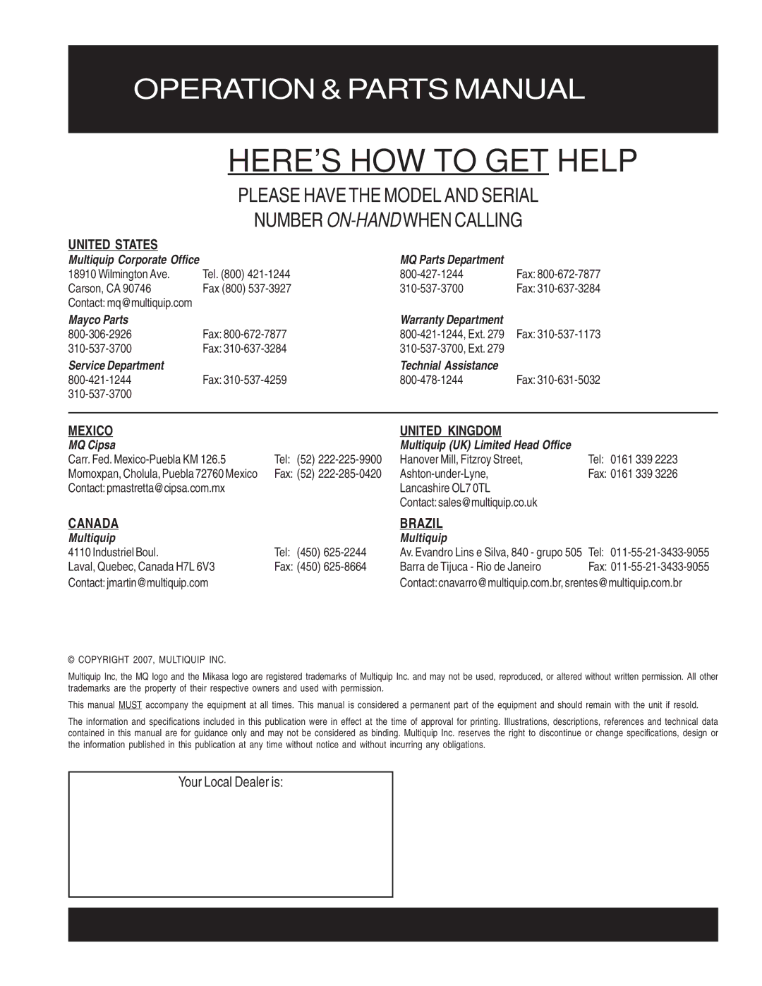 Multiquip MT-74FA manual Heres HOW to GET Help 