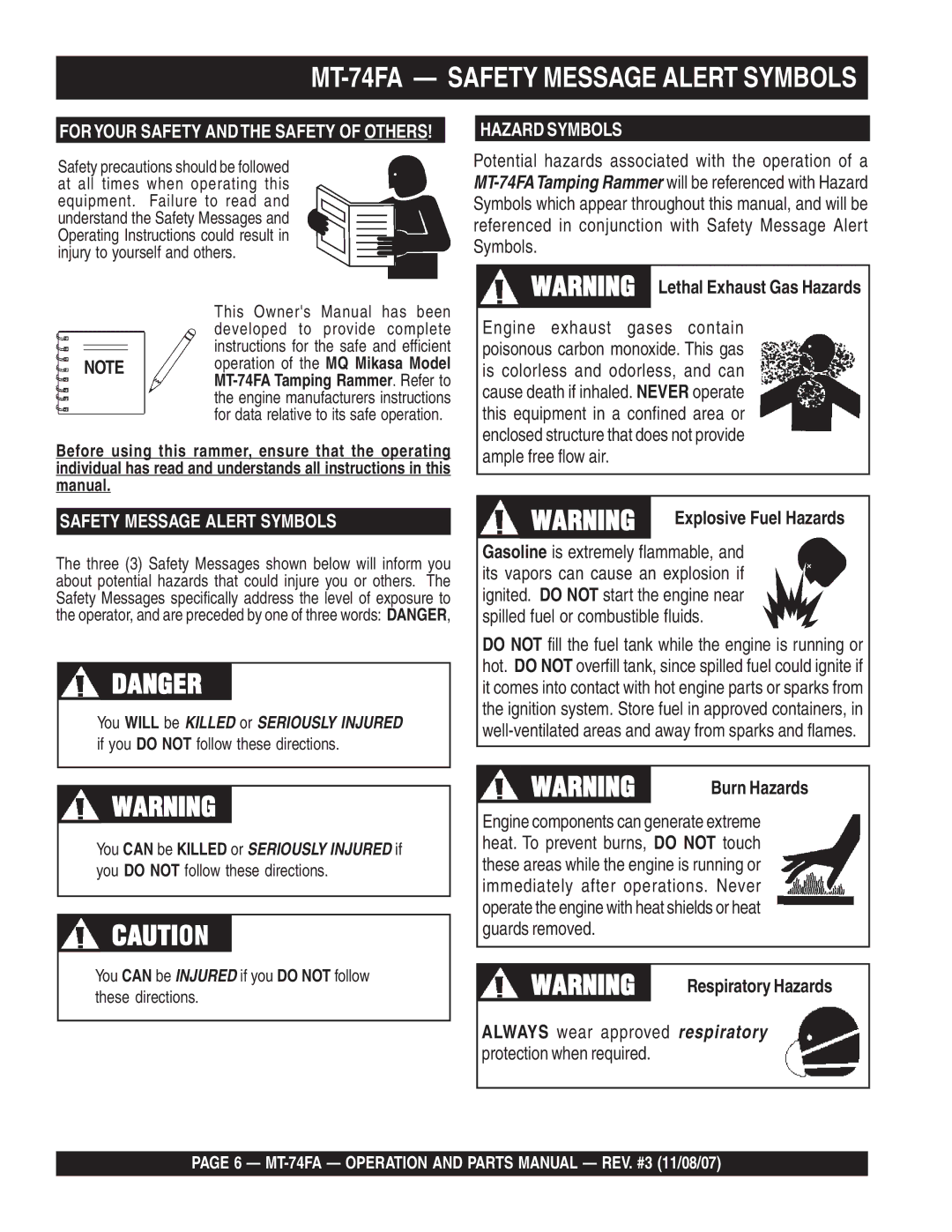 Multiquip manual MT-74FA Safety Message Alert Symbols 