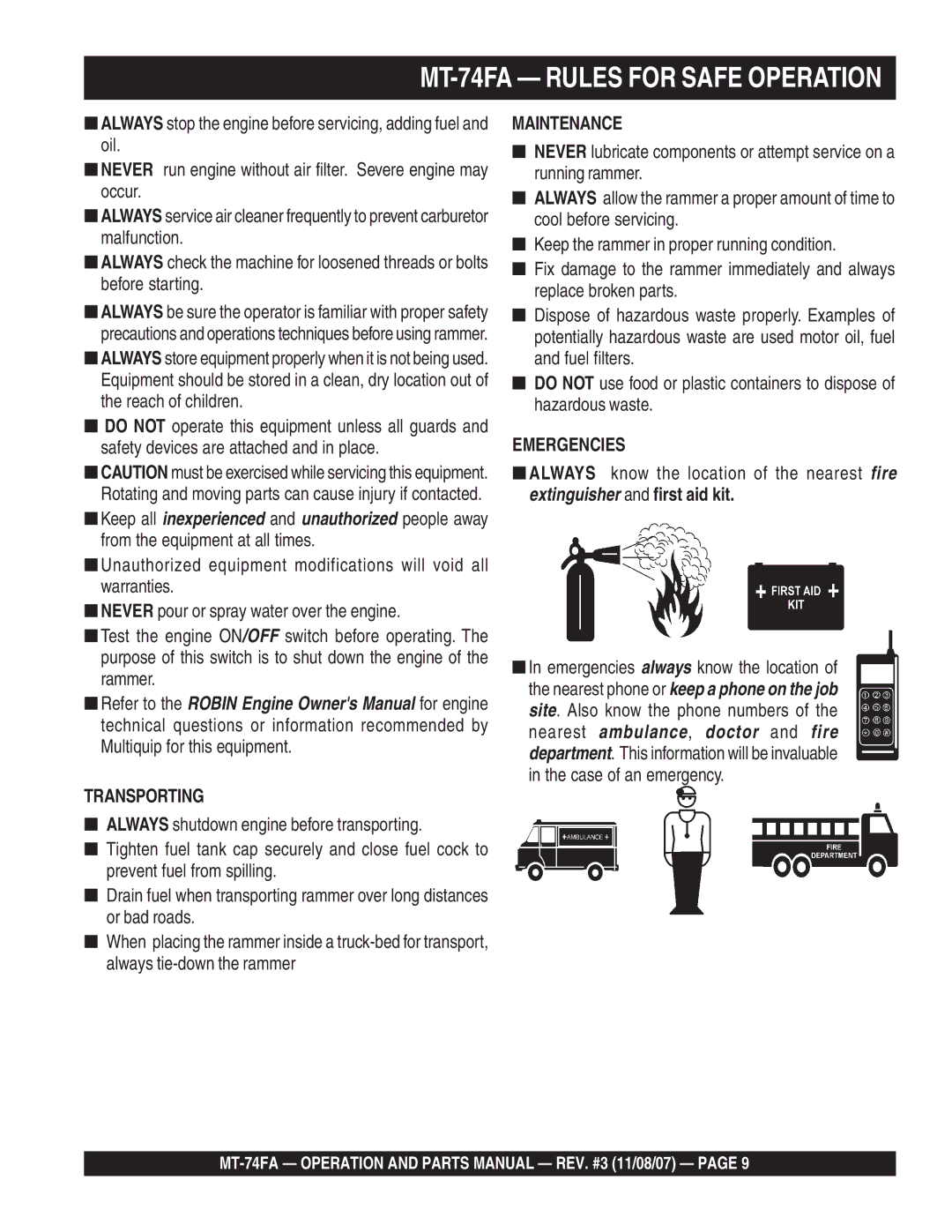 Multiquip manual MT-74FA Rules for Safe Operation, Transporting 