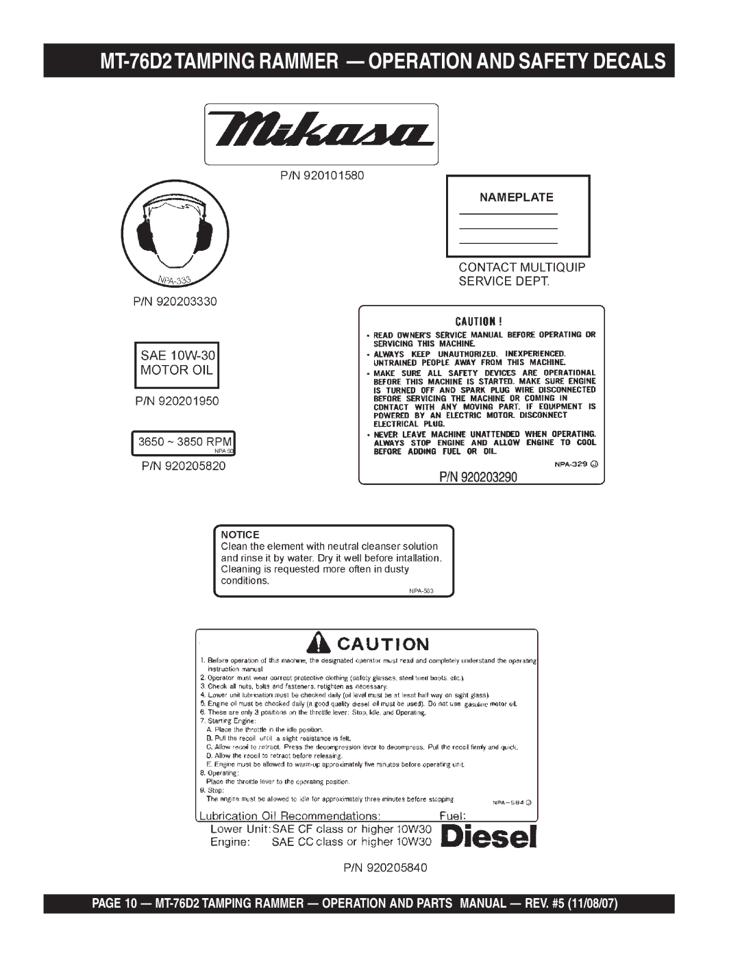 Multiquip manual MT-76D2TAMPING Rammer Operation and Safety Decals 