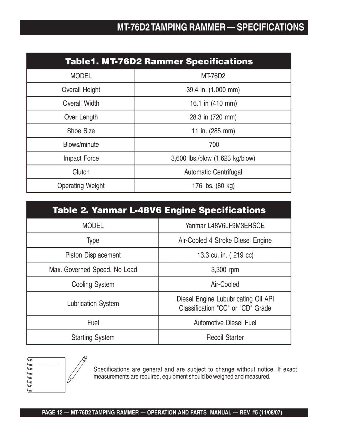 Multiquip manual MT-76D2TAMPING Rammer Specifications, MT-76D2 Rammer Specifications 