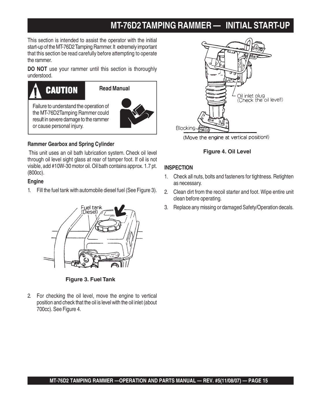 Multiquip manual MT-76D2TAMPING Rammer Initial START-UP, Engine 