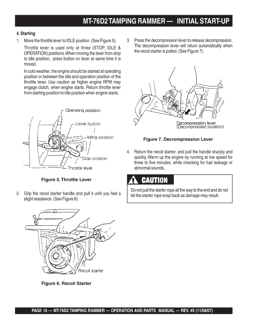 Multiquip MT-76D2 manual Starting, Throttle Lever 