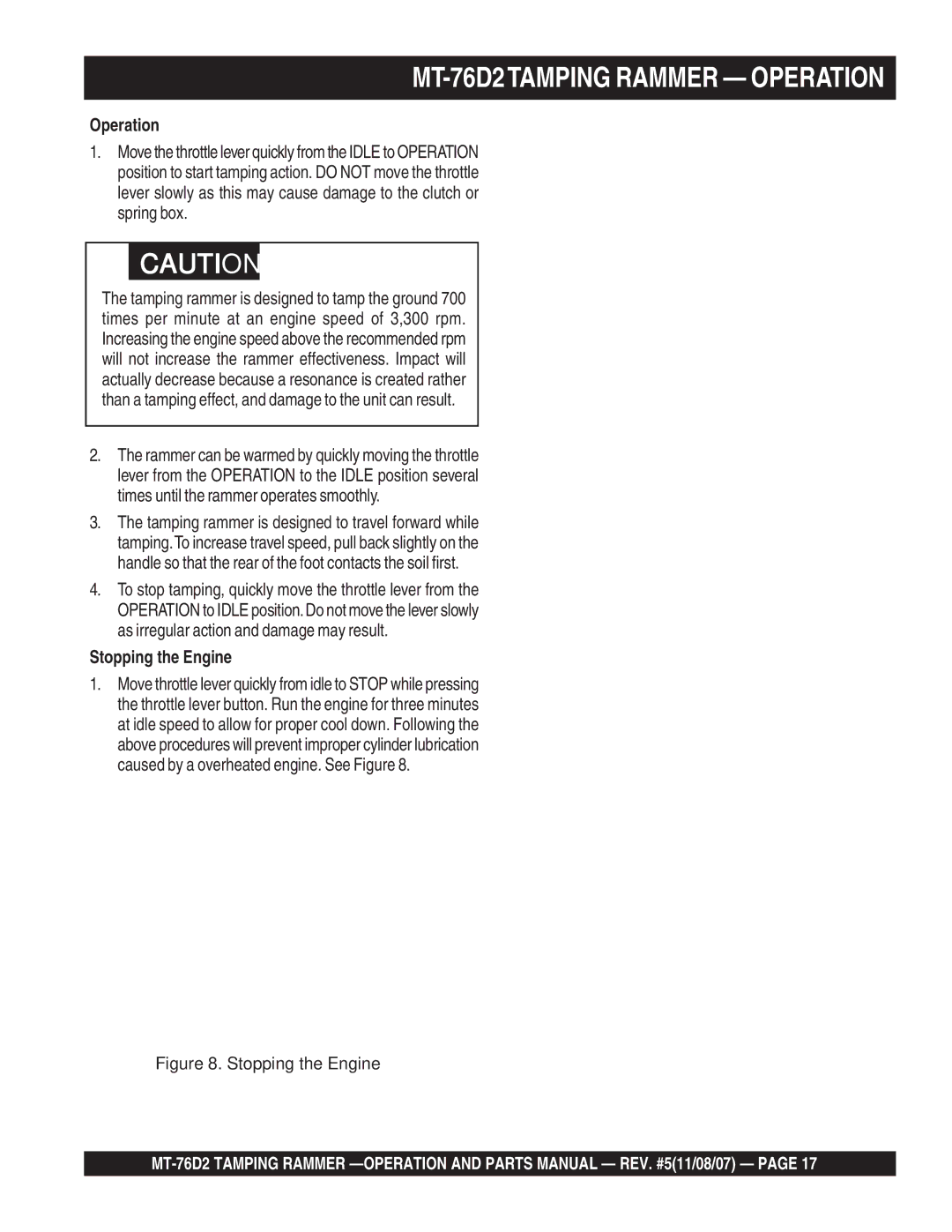 Multiquip manual MT-76D2TAMPING Rammer Operation, Stopping the Engine 